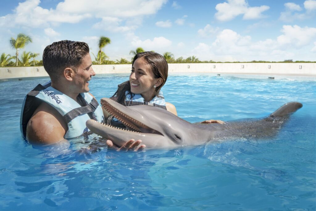 Pareja con chalecos salvavidas sostiene un delfin nariz de botella en una laguna turquesa