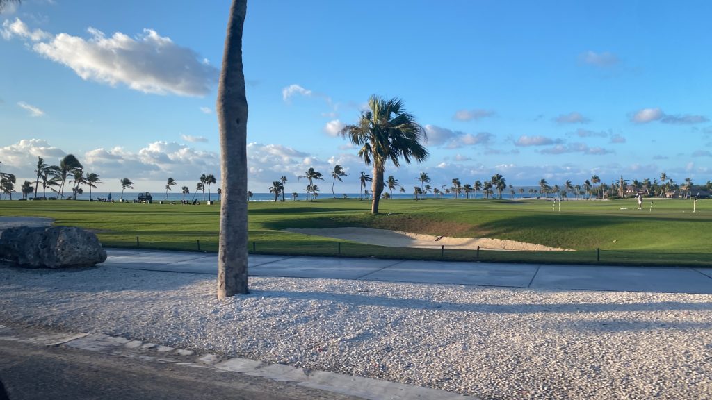 Oceanfront golf course with palm trees and sand bunkers at sunset