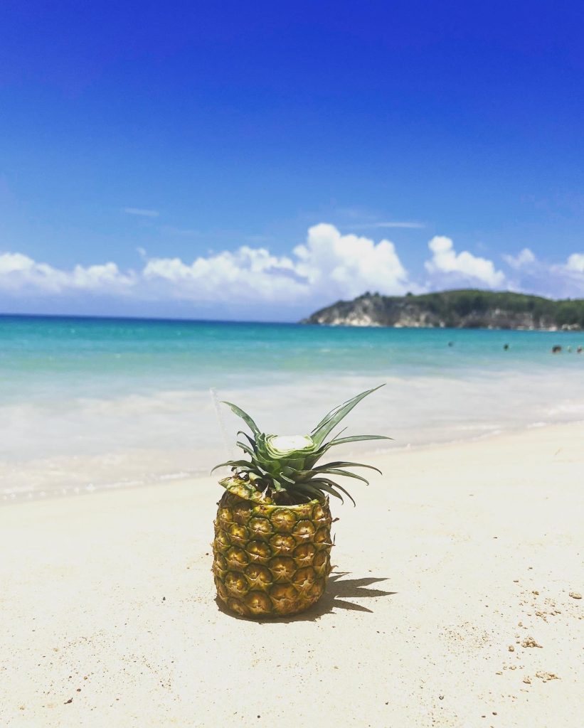Piña en playa de arena blanca con mar turquesa y costa lejana
