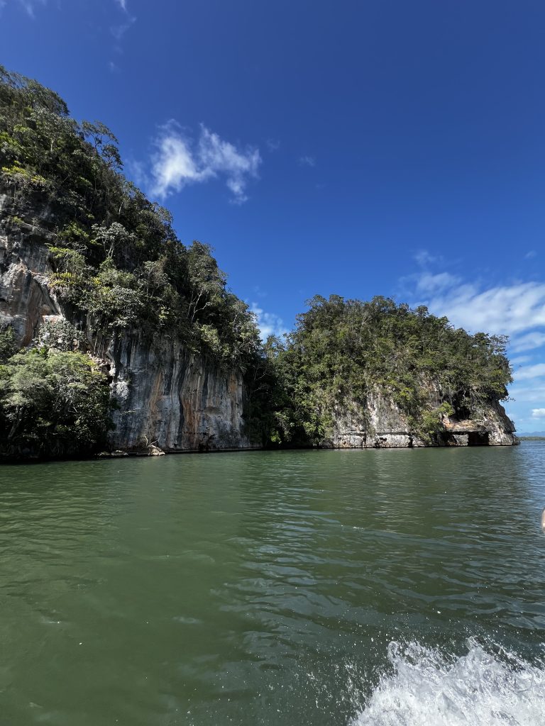 Estela de lancha junto a acantilados de piedra caliza y vegetación tropical densa bajo un cielo azul