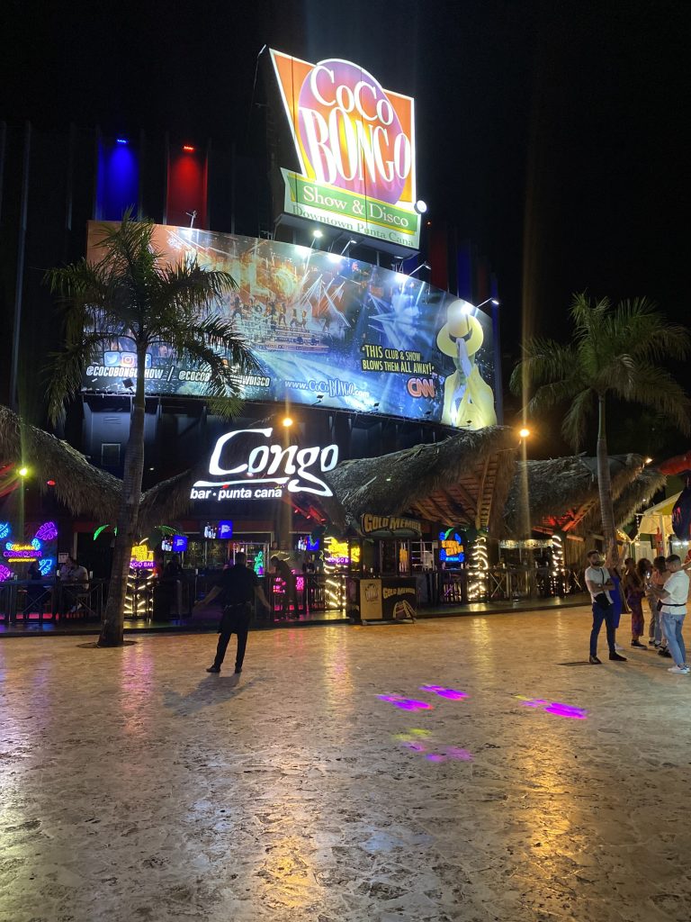 Coco Bongo and Congo nightclub entrances lit up at night in Punta Cana