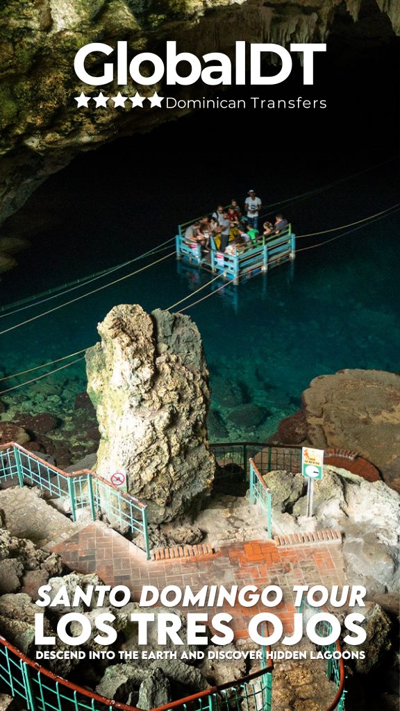 Visitors on a floating platform inside the Los Tres Ojos cave lagoons